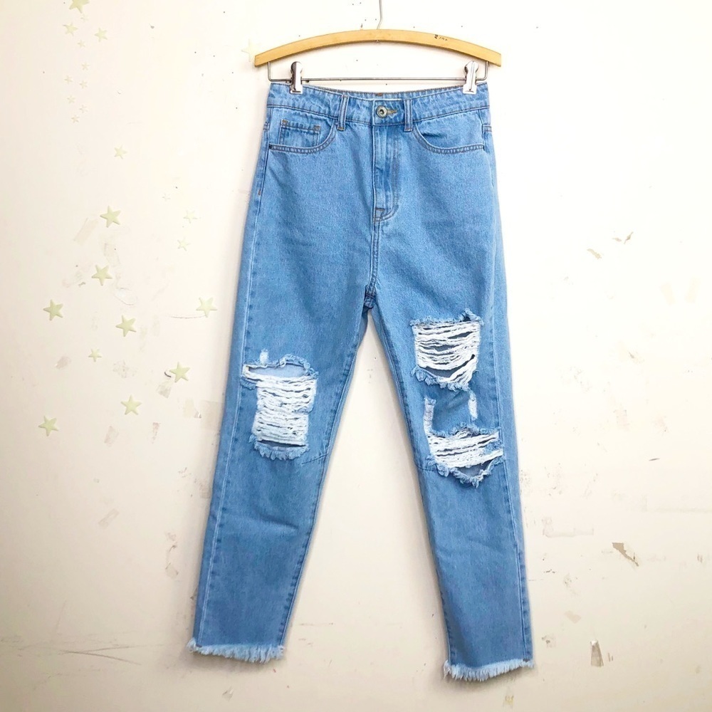 Q2 premium high rise distressed denim with frayed him straight leg jeans